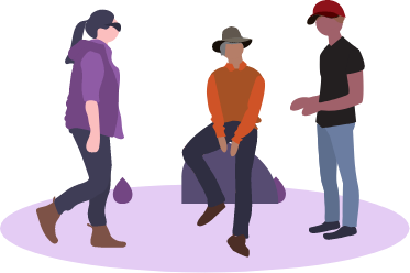 illustration two men and a woman talking around camp