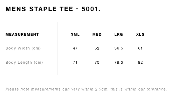 SANE mens t-shirts size guide